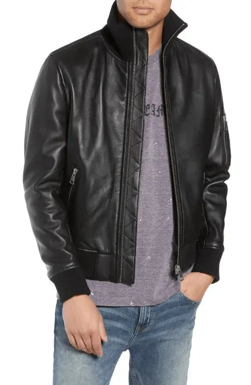 Mens Casual Black Leather Bomber Jacket