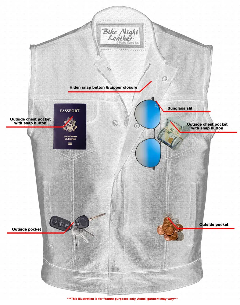 Men's Concealed Snap No Collar Bike Night Vest