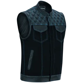 Men's Denim & Leather Motorcycle Vest with Conceal Carry Pockets and Blue Stitching