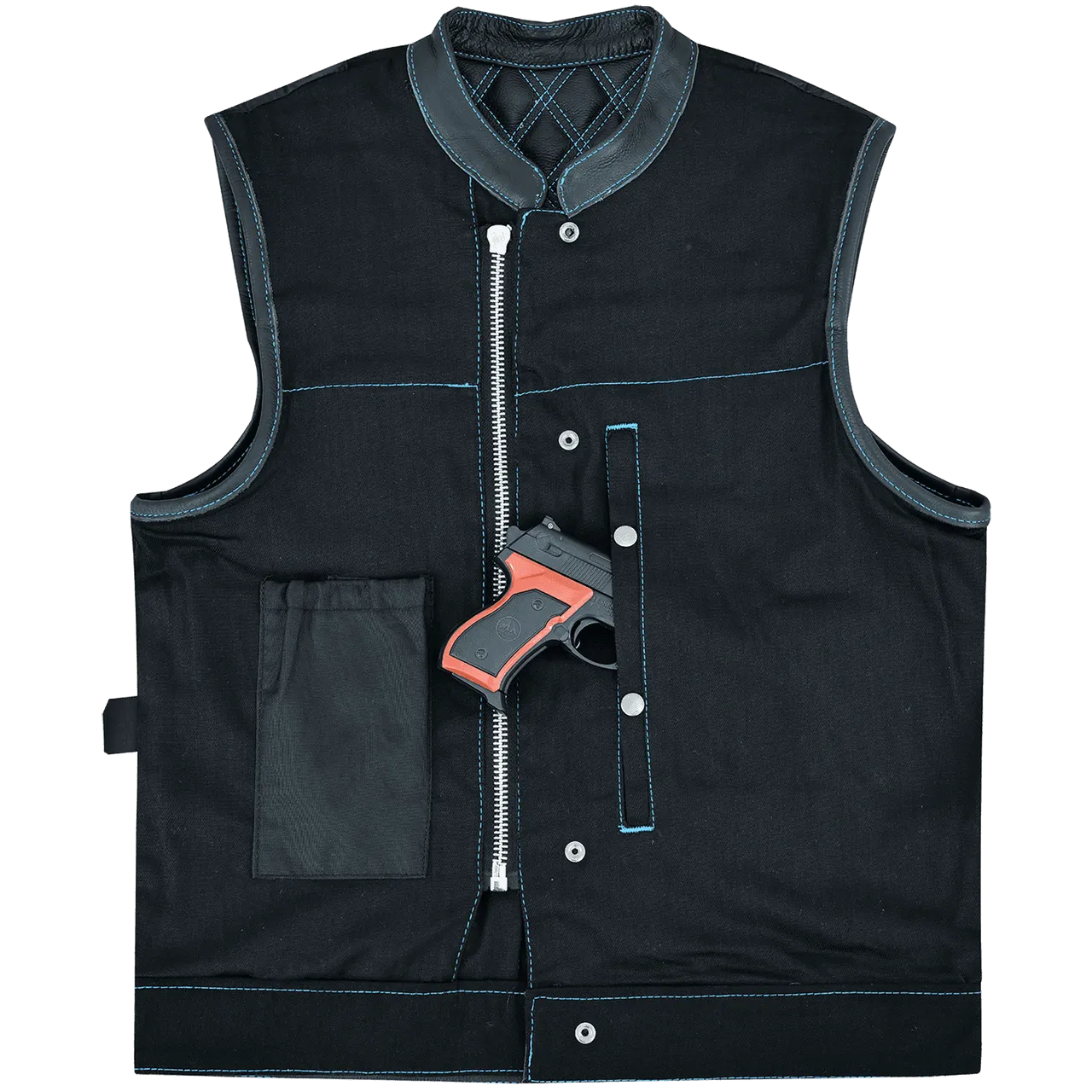 Men's Denim & Leather Motorcycle Vest with Conceal Carry Pockets and Blue Stitching