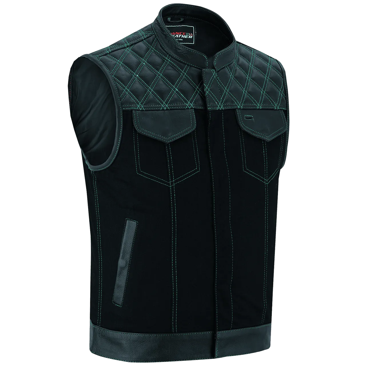 Men's Denim & Leather Motorcycle Vest with Conceal Carry Pockets and Green Stitching.