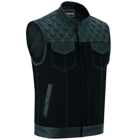 Men's Denim & Leather Motorcycle Vest with Conceal Carry Pockets and Green Stitching.