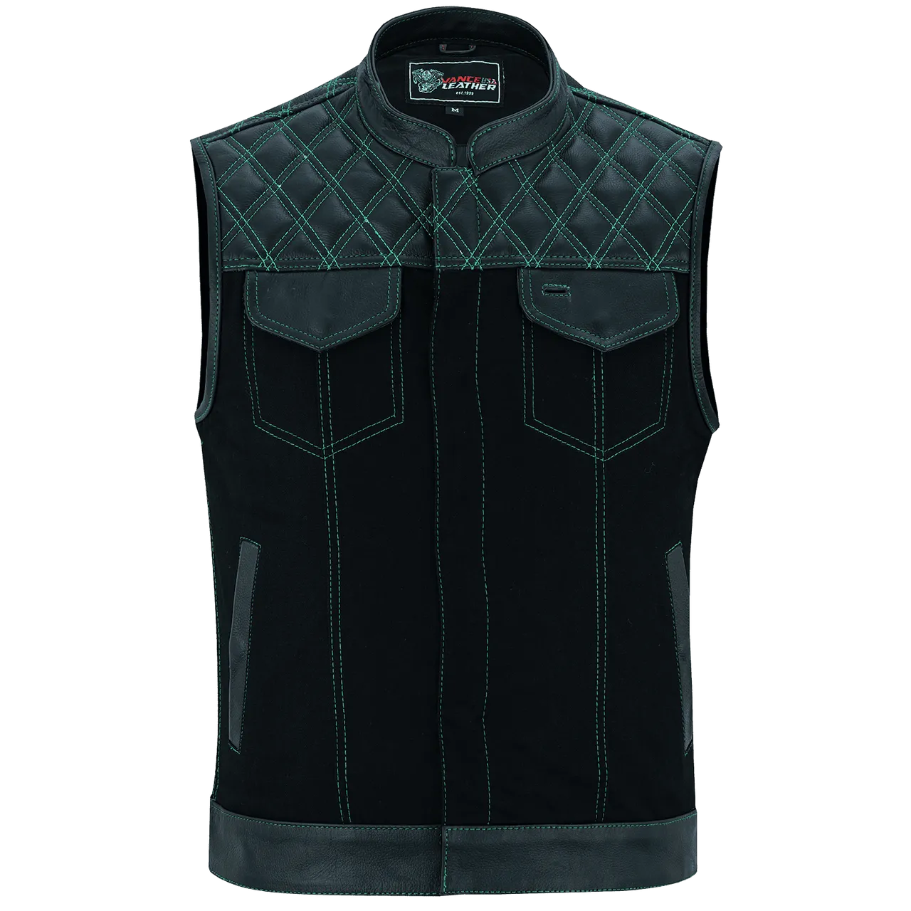 Men's Denim & Leather Motorcycle Vest with Conceal Carry Pockets and Green Stitching.