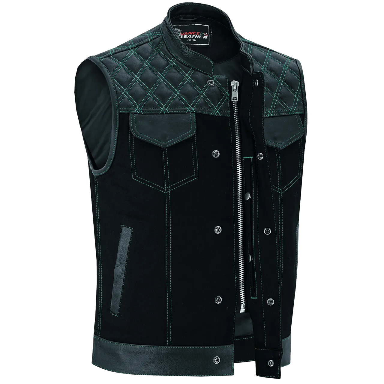 Men's Denim & Leather Motorcycle Vest with Conceal Carry Pockets and Green Stitching.