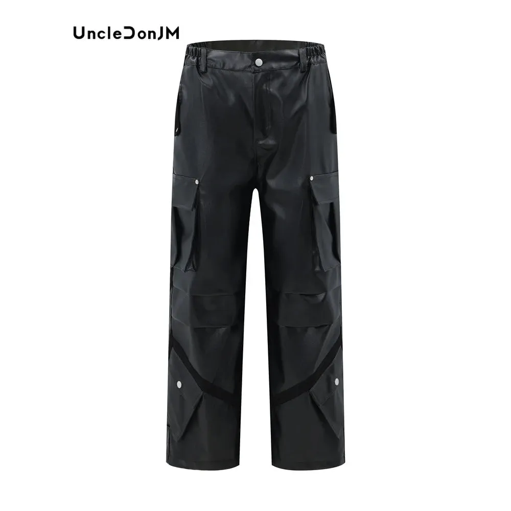 Men's High Street Pleated Leather Pants with Multiple Pockets