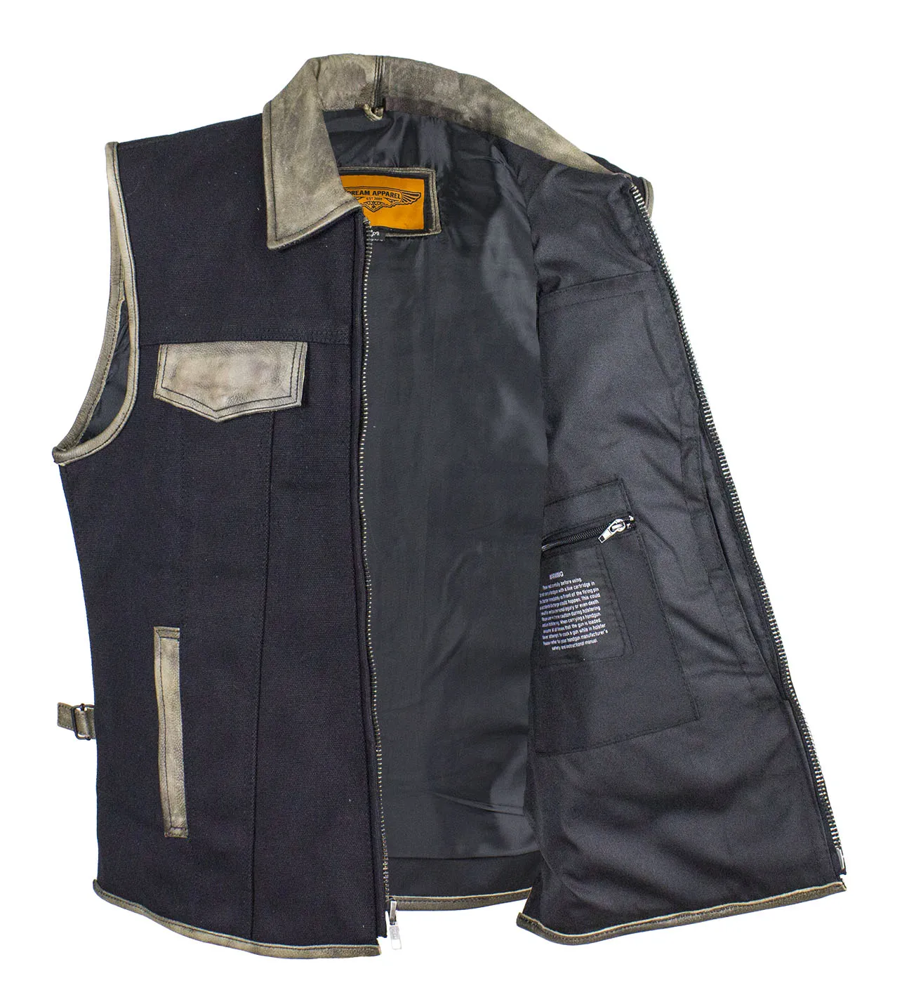 Men's Motorcycle Club Vest with Distressed Brown Leather Trim