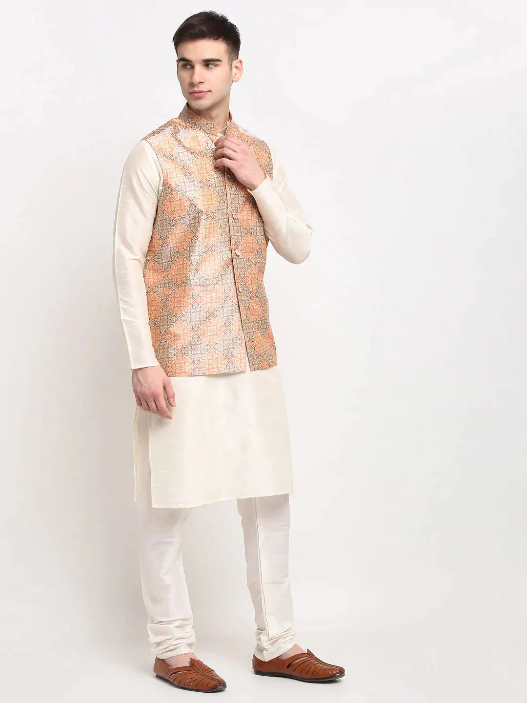 Men'S Off-White Dupion Silk Kurta With Churidar & Nehru Jacket