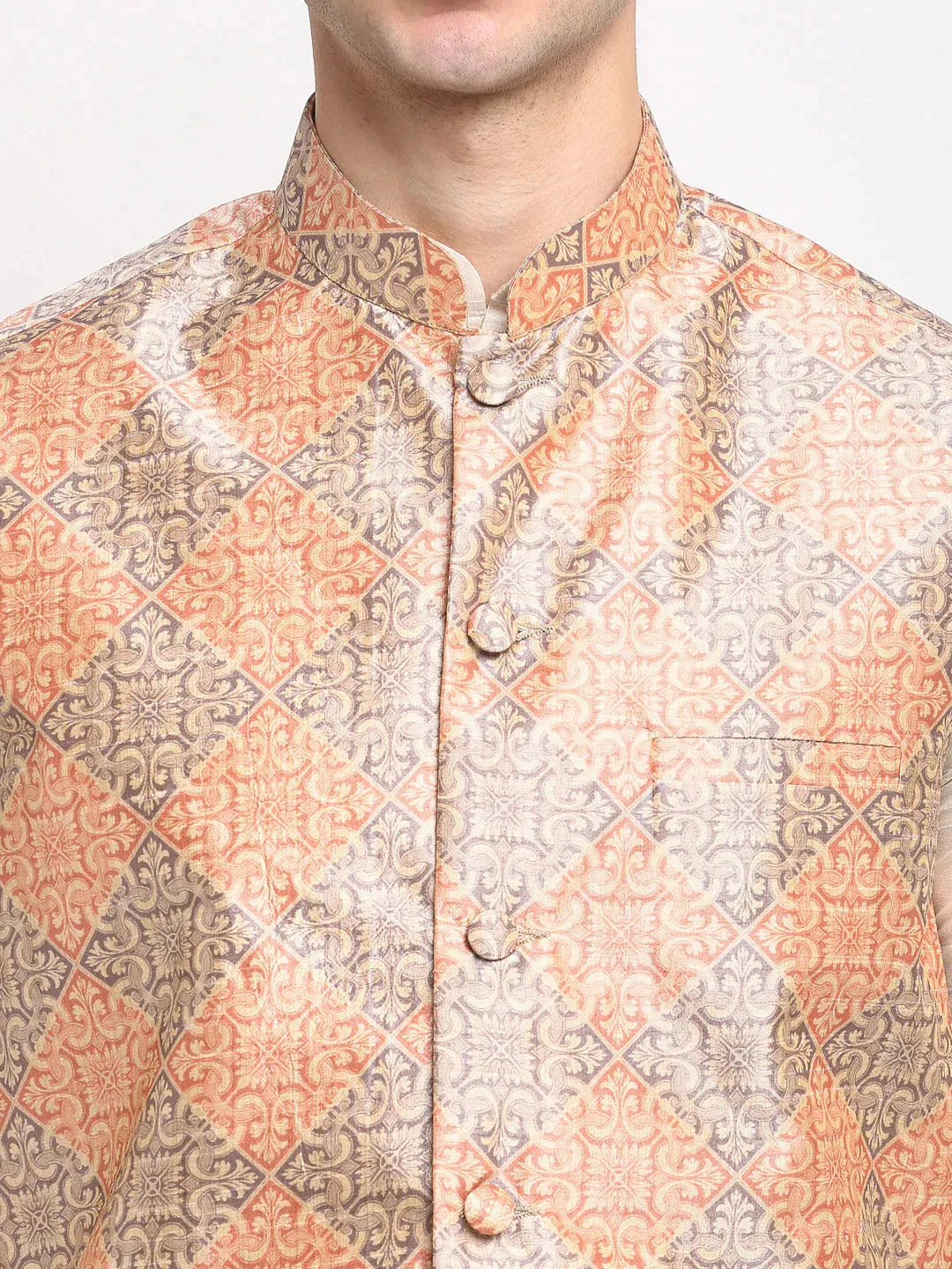 Men'S Off-White Dupion Silk Kurta With Churidar & Nehru Jacket