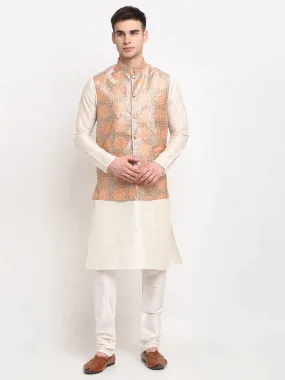 Men'S Off-White Dupion Silk Kurta With Churidar & Nehru Jacket