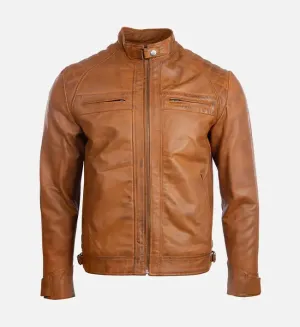 Men’s Quilted Shoulder Tan Cafe Racer Leather Jacket