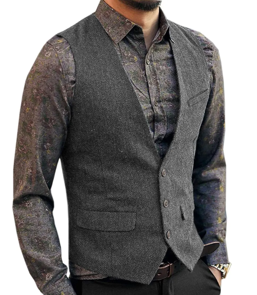 Men's Slim Fit Tweed Herringbone V Neck Casual Waistcoat