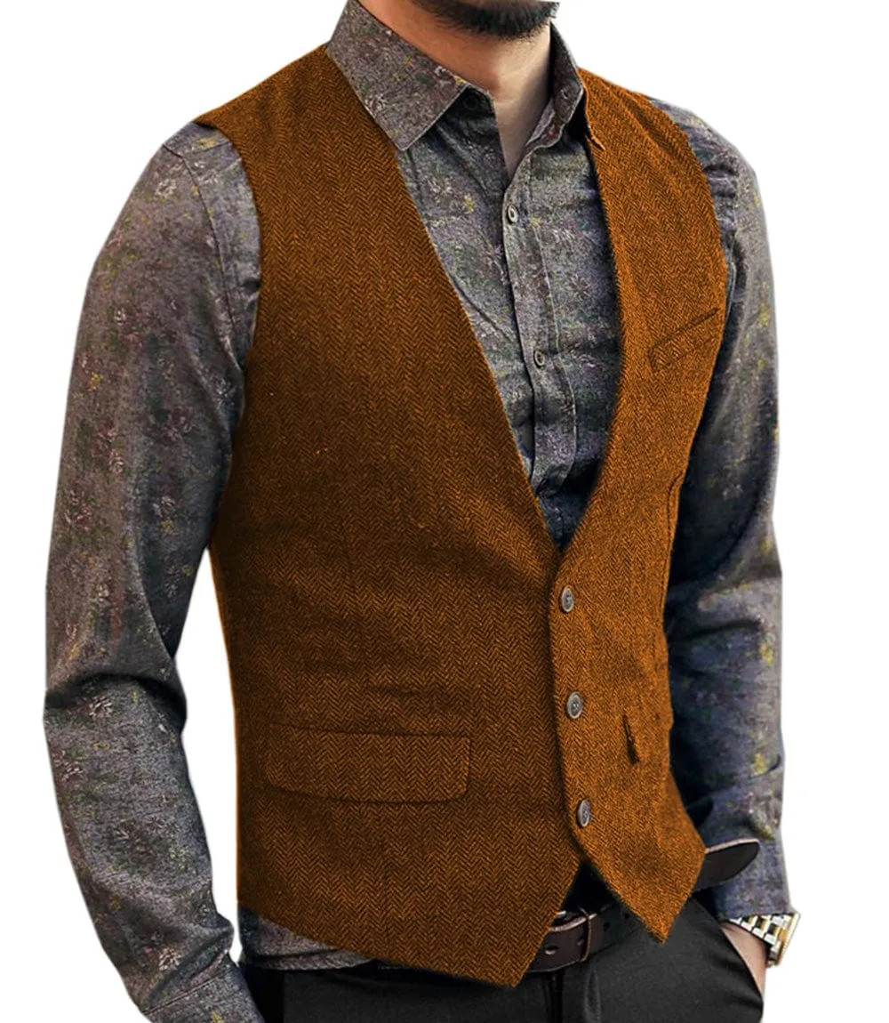 Men's Slim Fit Tweed Herringbone V Neck Casual Waistcoat