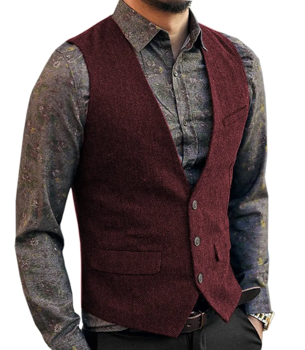 Men's Slim Fit Tweed Herringbone V Neck Casual Waistcoat