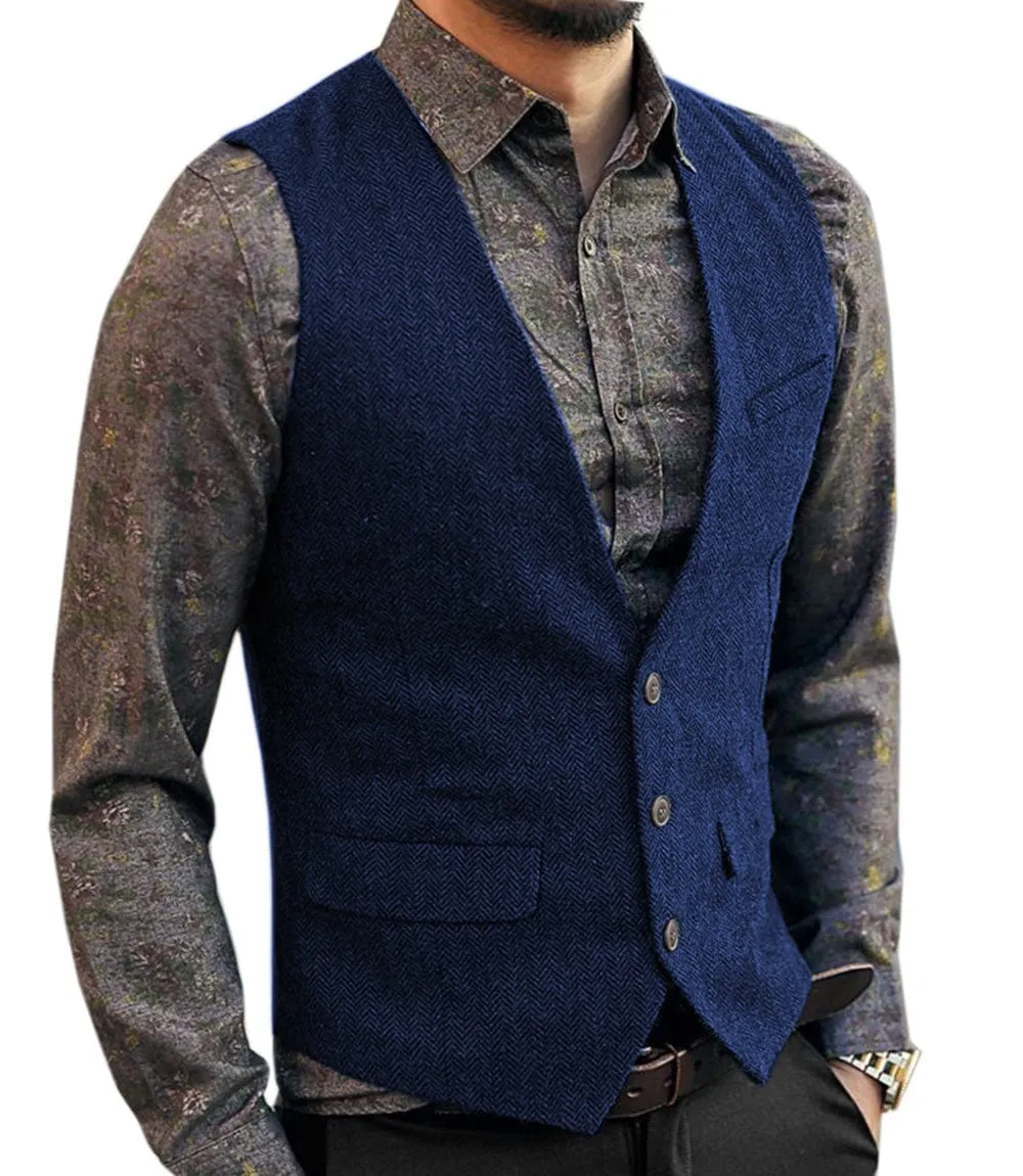 Men's Slim Fit Tweed Herringbone V Neck Casual Waistcoat