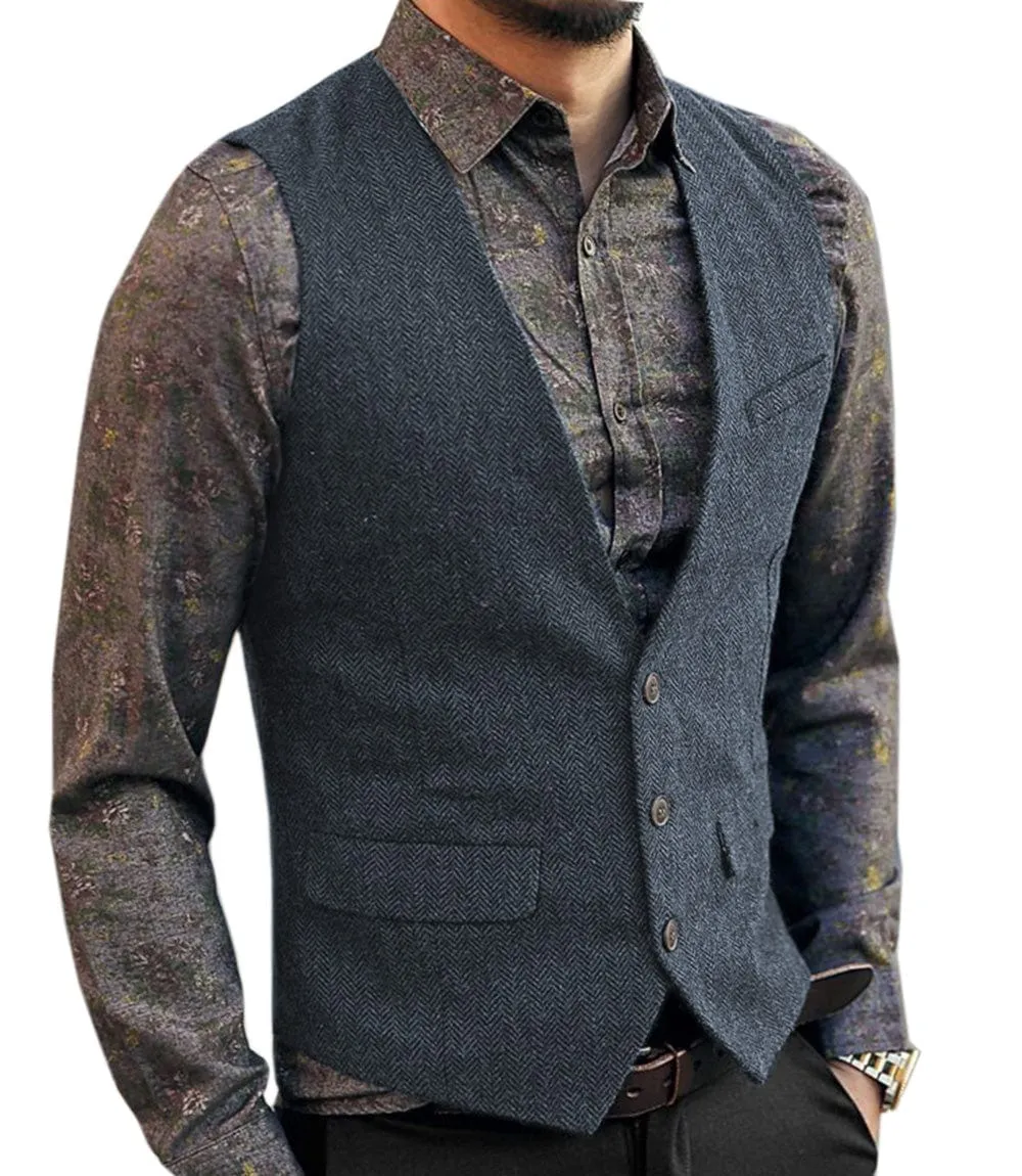 Men's Slim Fit Tweed Herringbone V Neck Casual Waistcoat