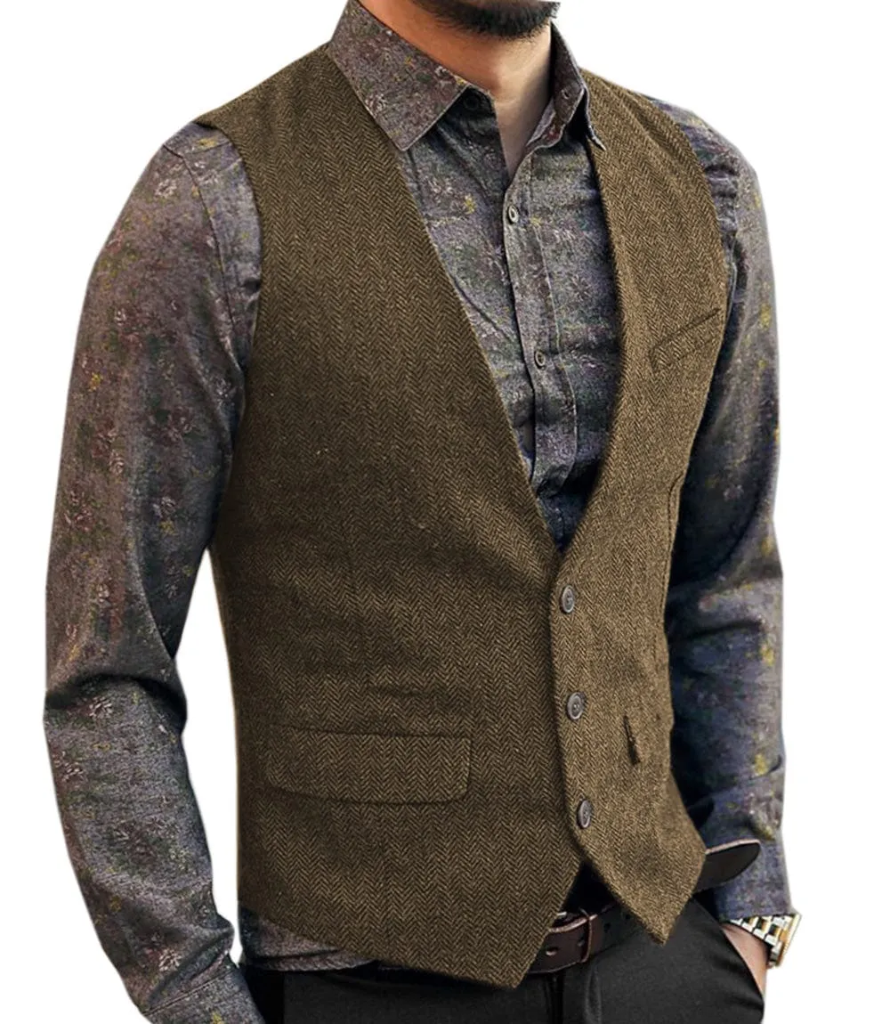 Men's Slim Fit Tweed Herringbone V Neck Casual Waistcoat