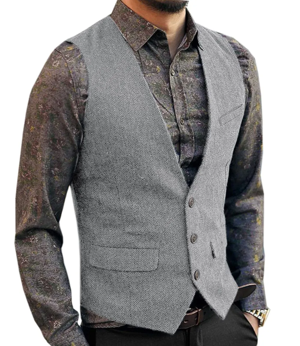 Men's Slim Fit Tweed Herringbone V Neck Casual Waistcoat