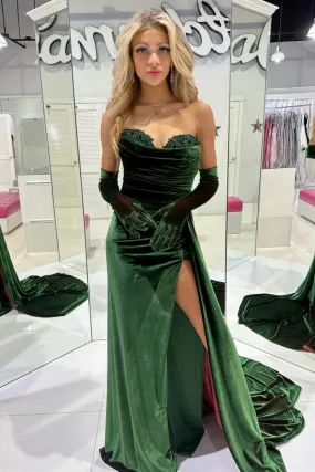 Mermaid Emerald Green Velvet Long Prom Dress with Train, High Slit Emerald Green Formal Dress, Emerald Green Evening Dress A2016