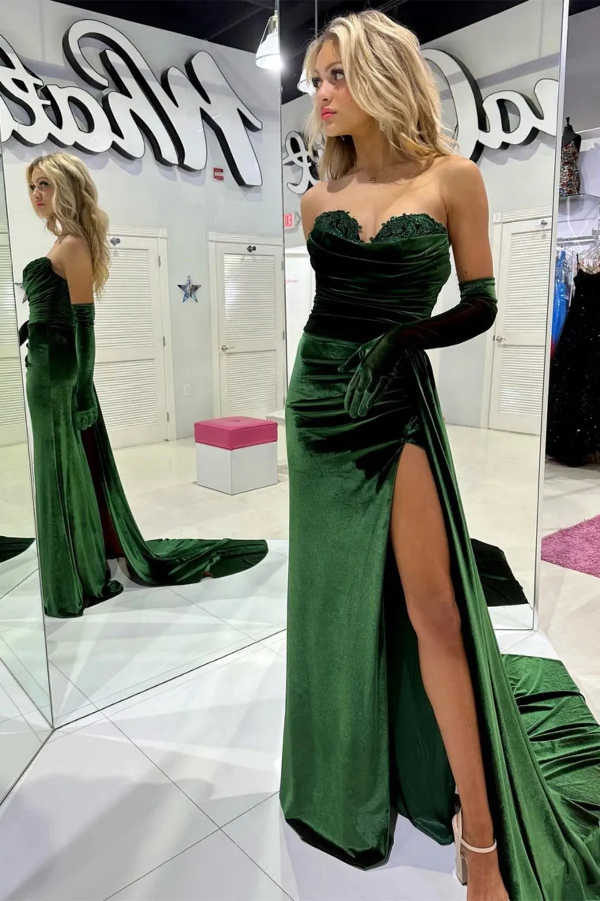 Mermaid Emerald Green Velvet Long Prom Dress with Train, High Slit Emerald Green Formal Dress, Emerald Green Evening Dress A2016