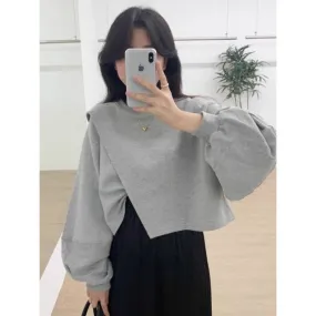 METAVERSMALL Korean chic autumn niche design sense pullover round neck irregular split fork loose versatile long-sleeved short sweater