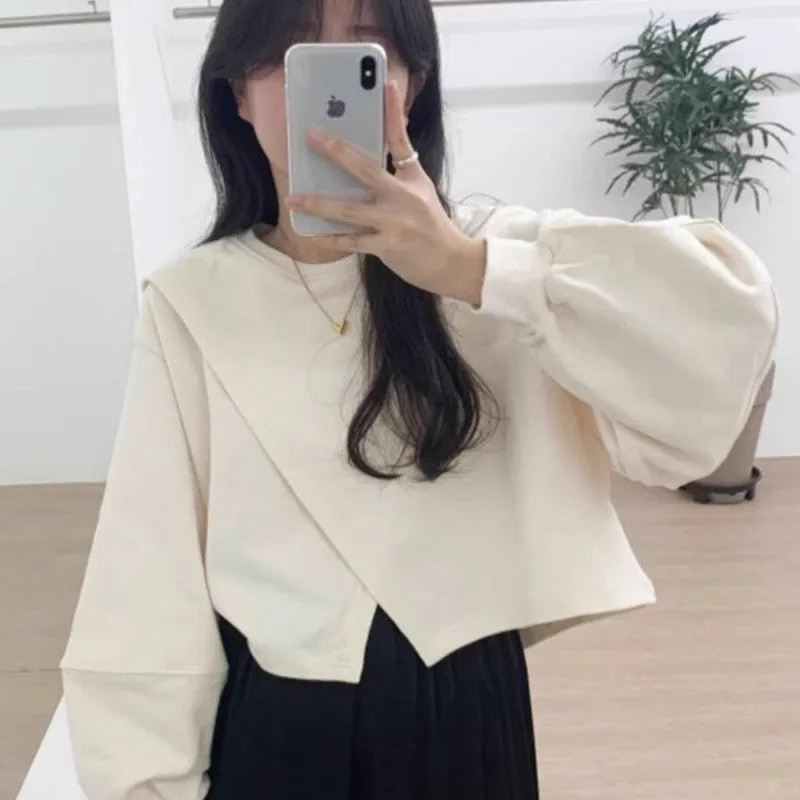 METAVERSMALL Korean chic autumn niche design sense pullover round neck irregular split fork loose versatile long-sleeved short sweater