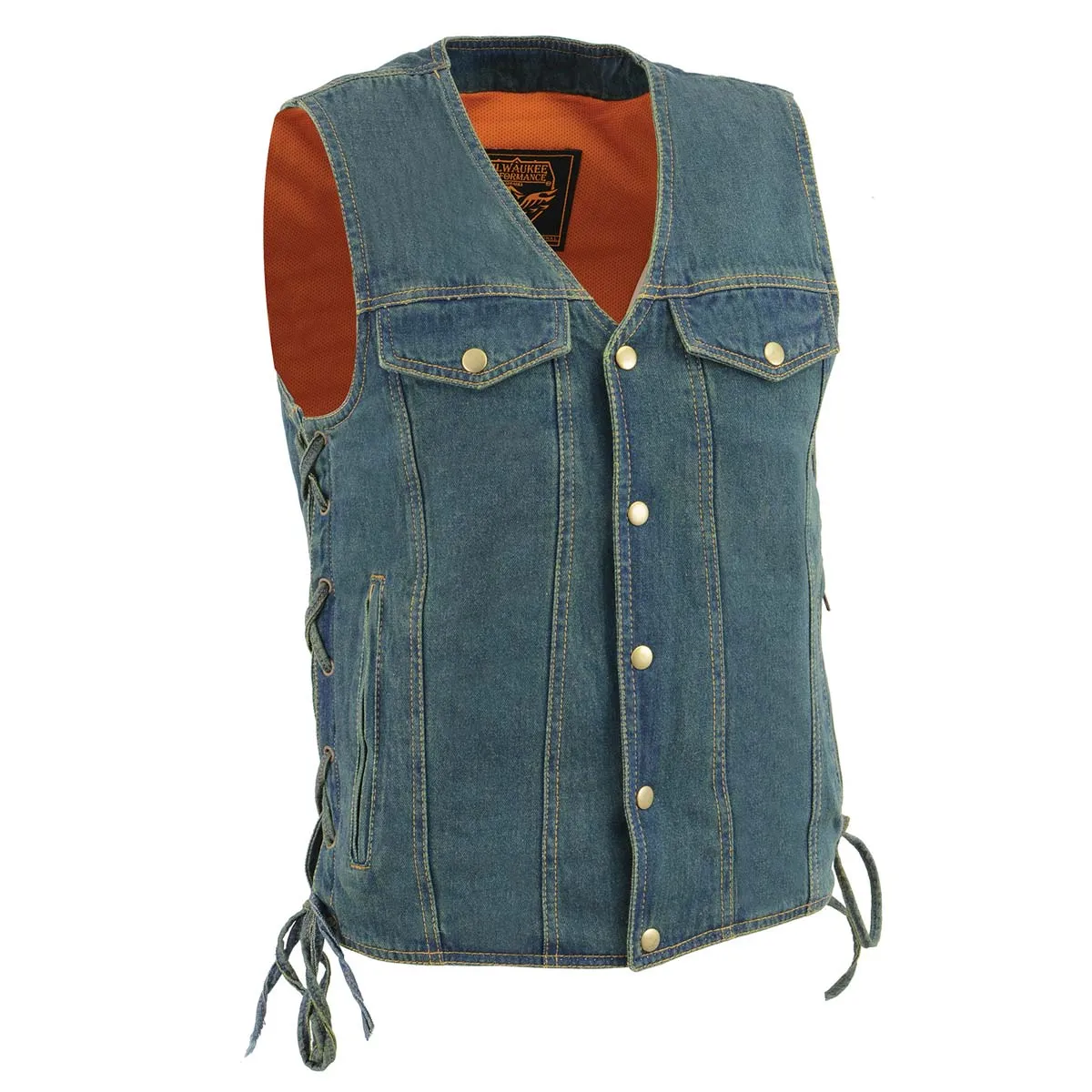 Milwaukee Leather DM1360 Men's Classic Blue Denim Motorcycle Biker Riders Vest w/ Adjustable Side Laces