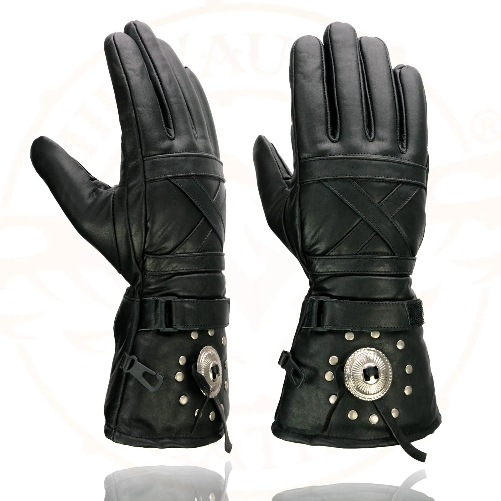 Milwaukee Leather SH231 Men's Black Leather Warm Lining Gauntlet Motorcycle Hand Gloves W/ Detailing Cuff and Pull-on Closure