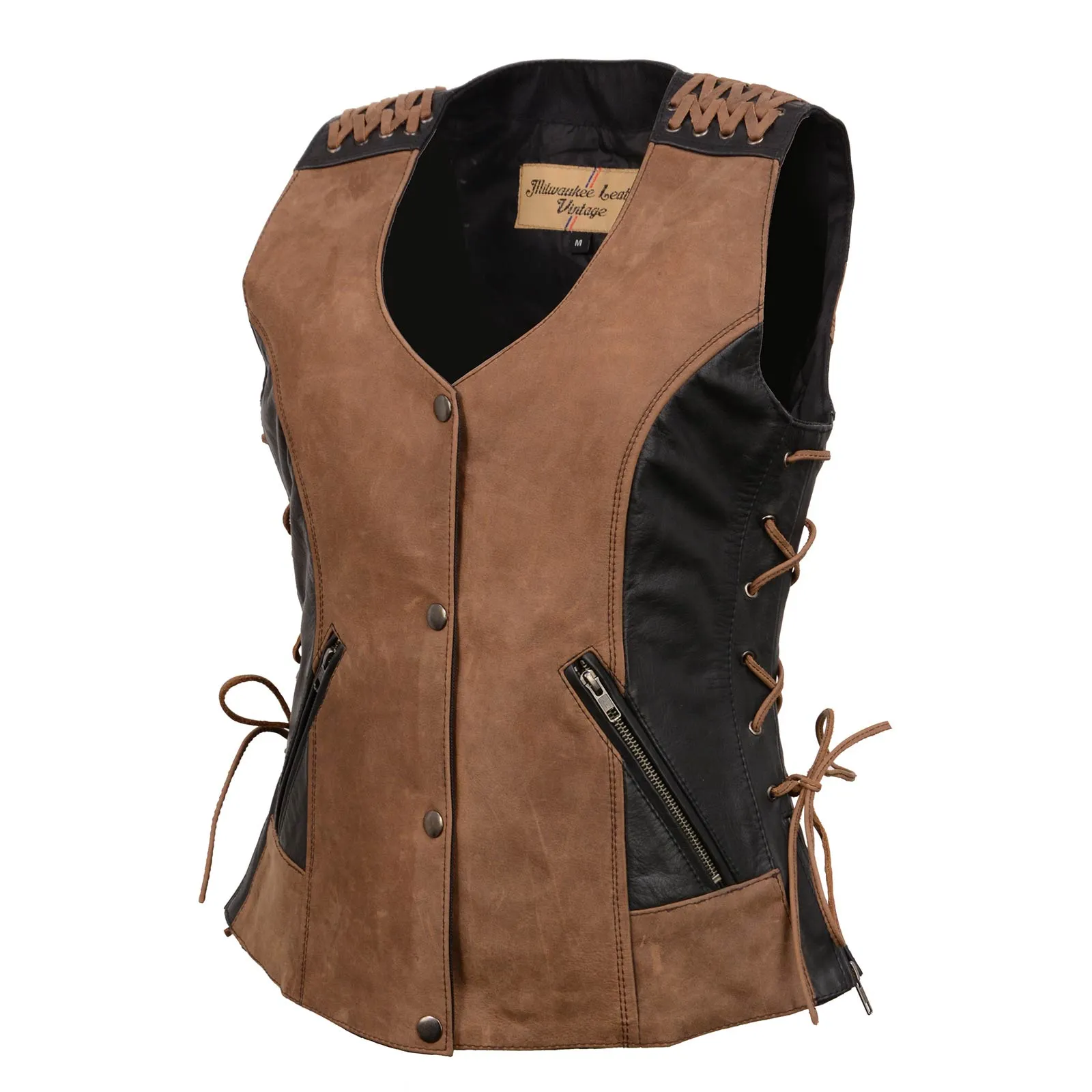 Milwaukee Leather Women's Smoocher Vintage Two Tone Crazy Horse Brown and Black Leather Club Style Motorcycle Vest MLL4509