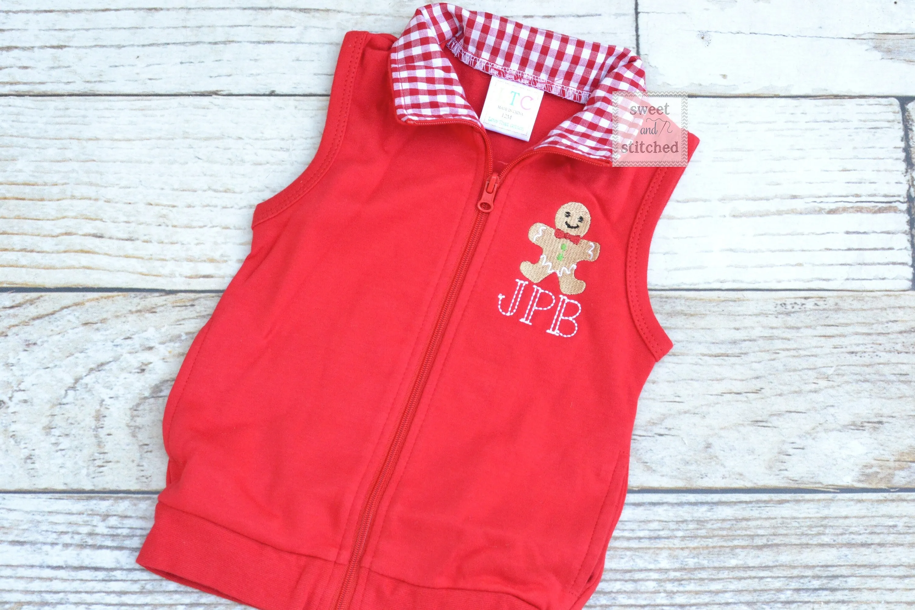 Monogrammed Boys Christmas vest with gingerbread design, Monogrammed Christmas outfit for boys, Monogrammed toddler vest, Christmas sweater