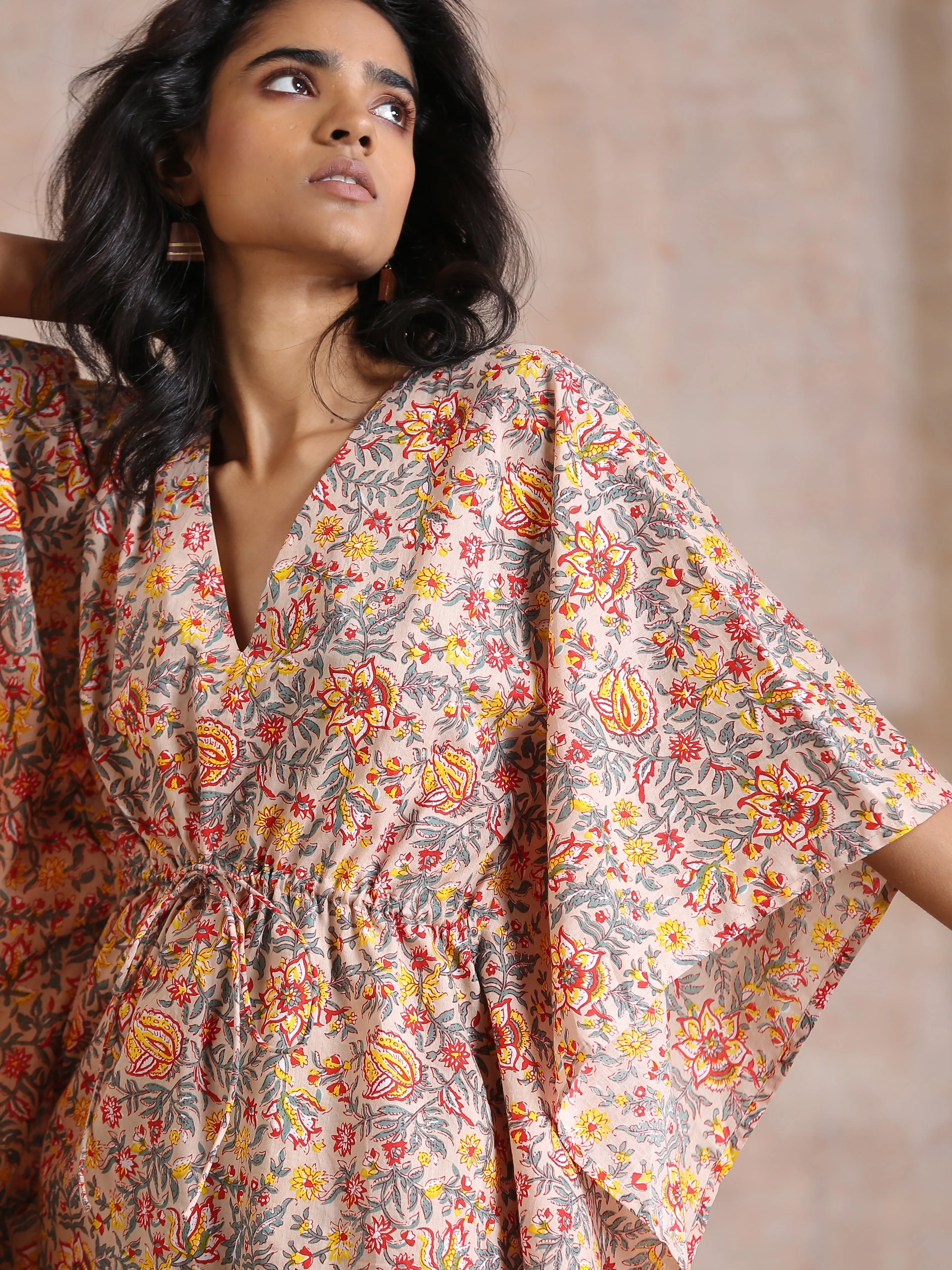 Multicolor Beige Overall Floral Block Print Cotton Kaftan Co-Ord Set