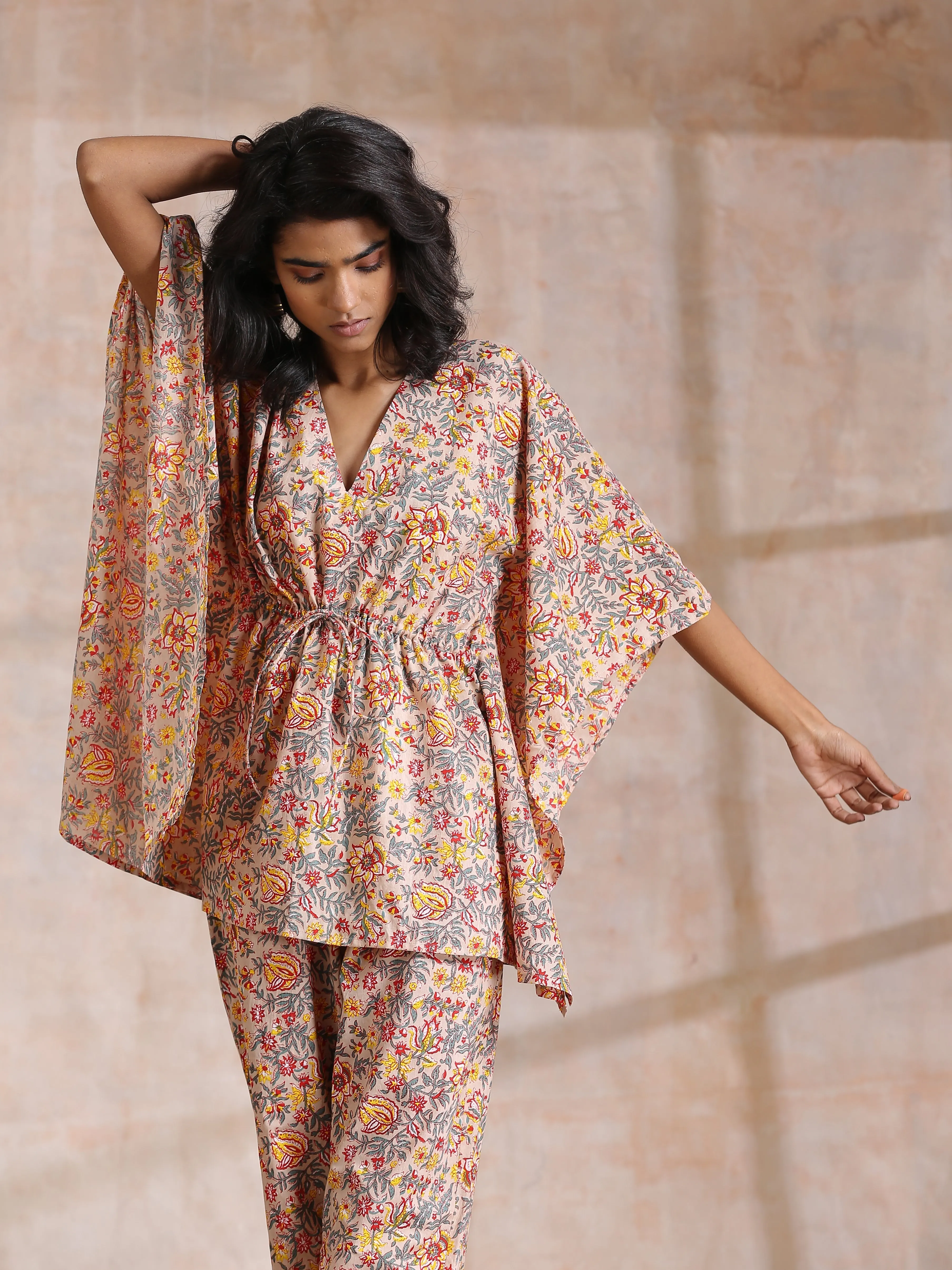 Multicolor Beige Overall Floral Block Print Cotton Kaftan Co-Ord Set