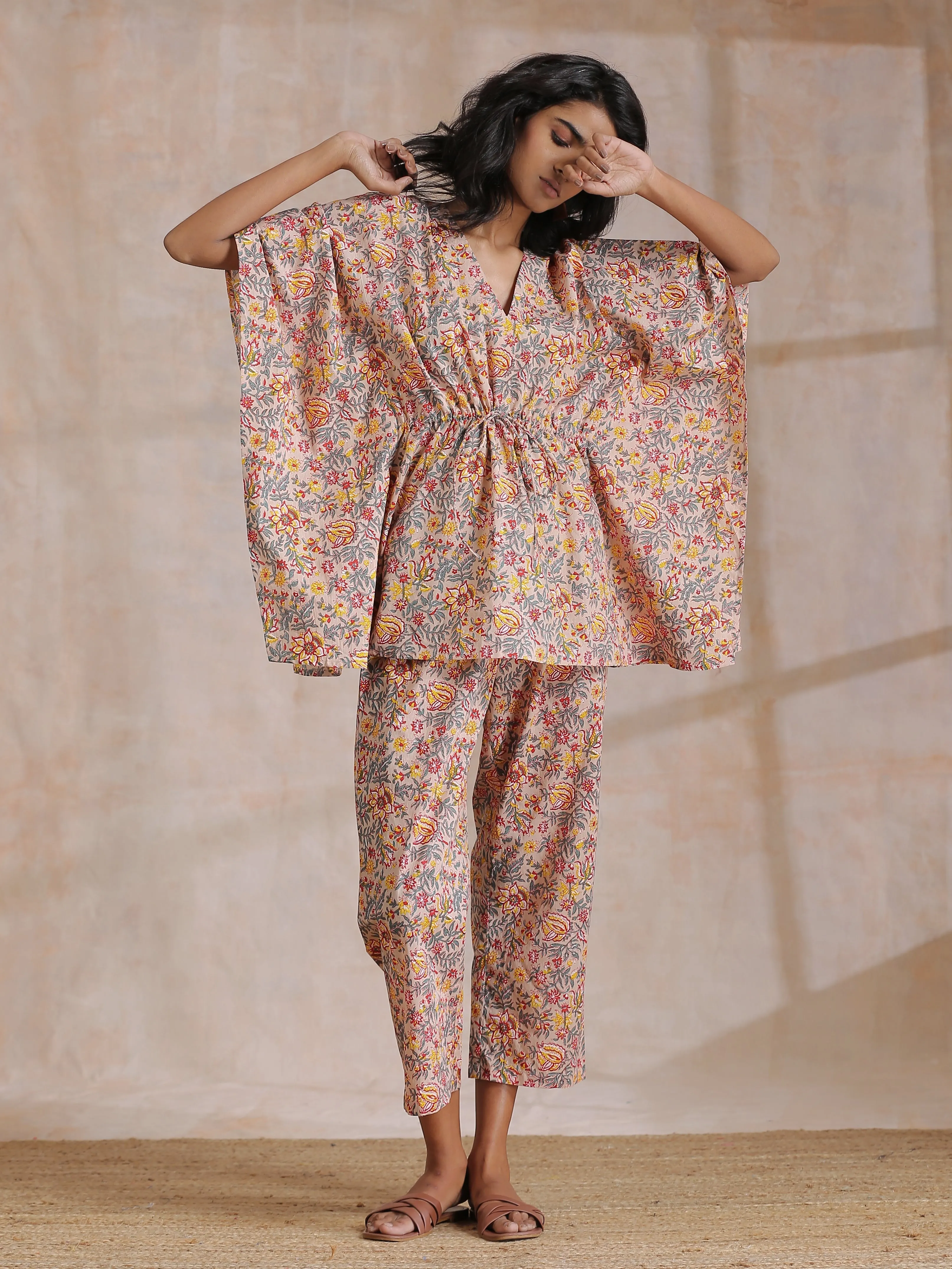 Multicolor Beige Overall Floral Block Print Cotton Kaftan Co-Ord Set