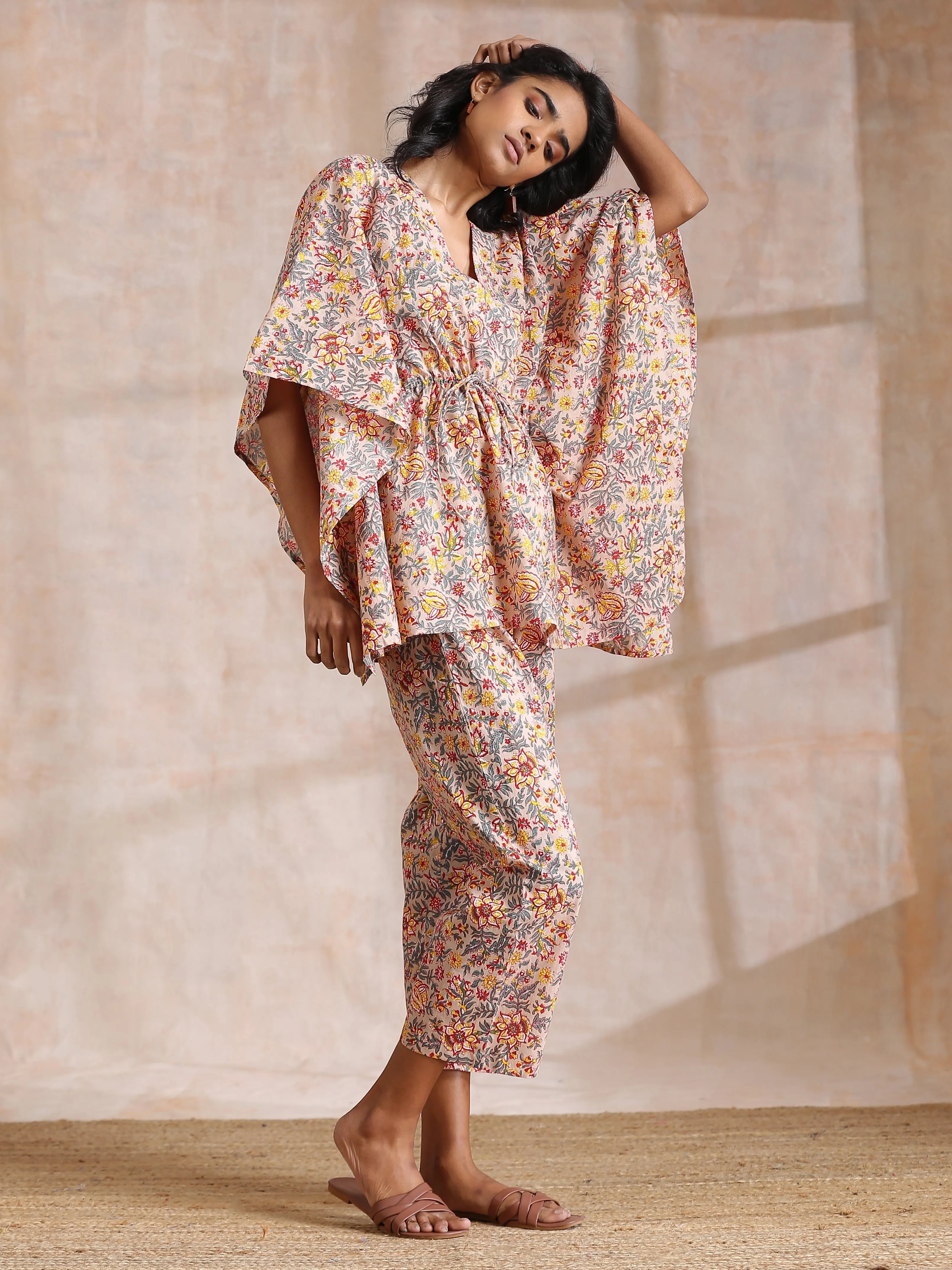 Multicolor Beige Overall Floral Block Print Cotton Kaftan Co-Ord Set