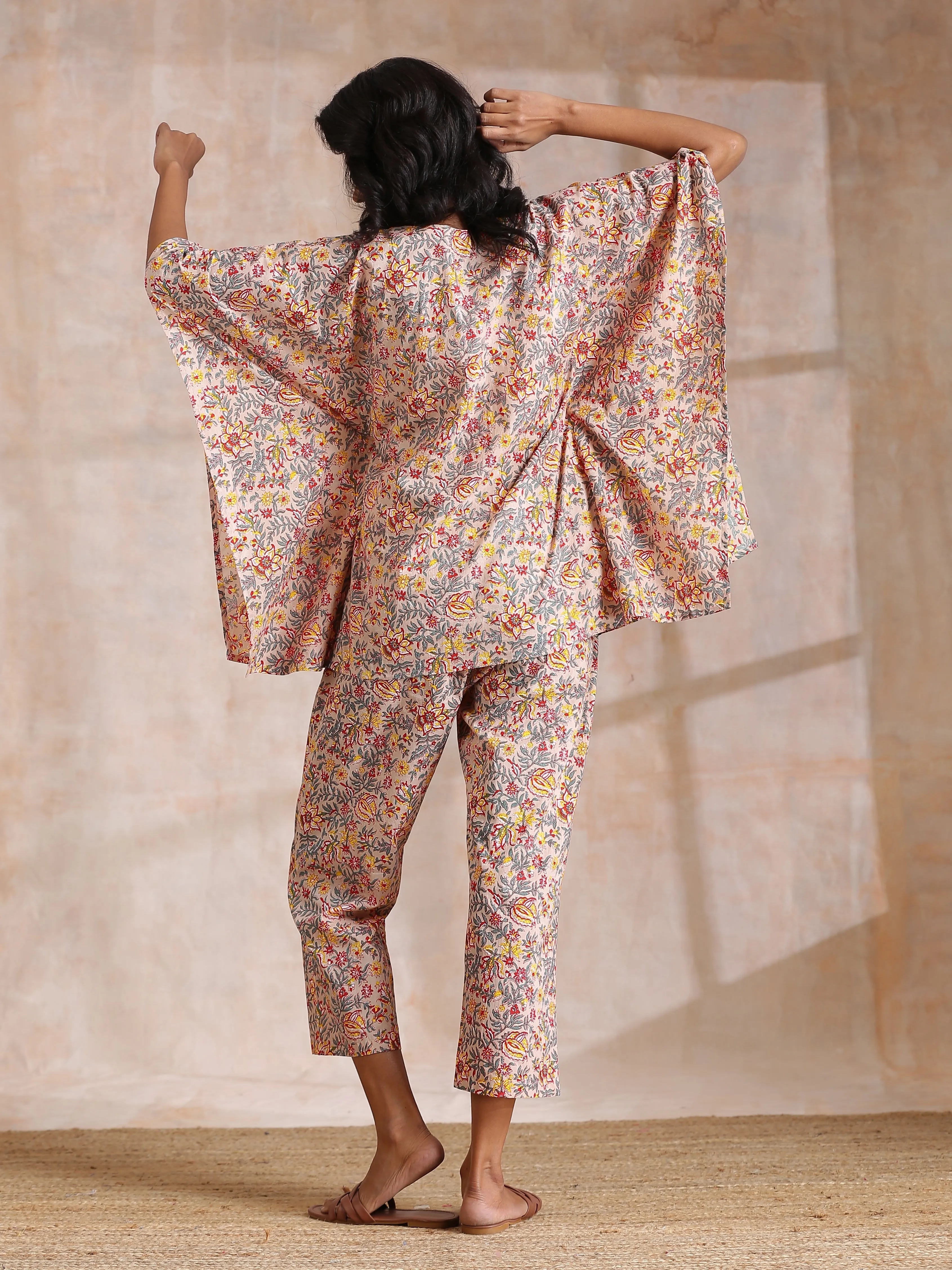 Multicolor Beige Overall Floral Block Print Cotton Kaftan Co-Ord Set