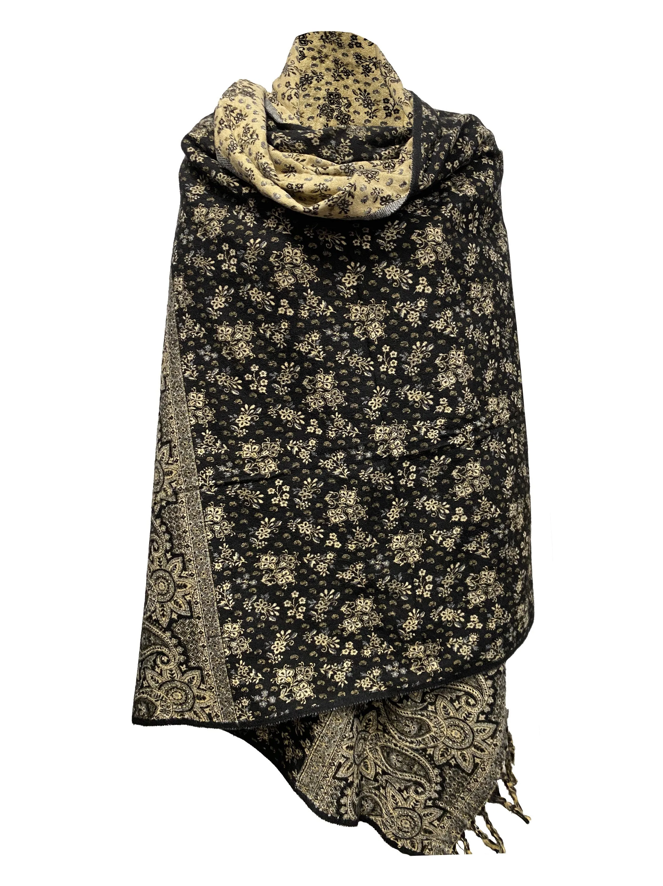 NEW Black Beige Floral Scarf LUXURY HANDMADE Yak Wool yoga blanket stole unisex Travel Wrap Meditation Soft Shawl special Gift for her