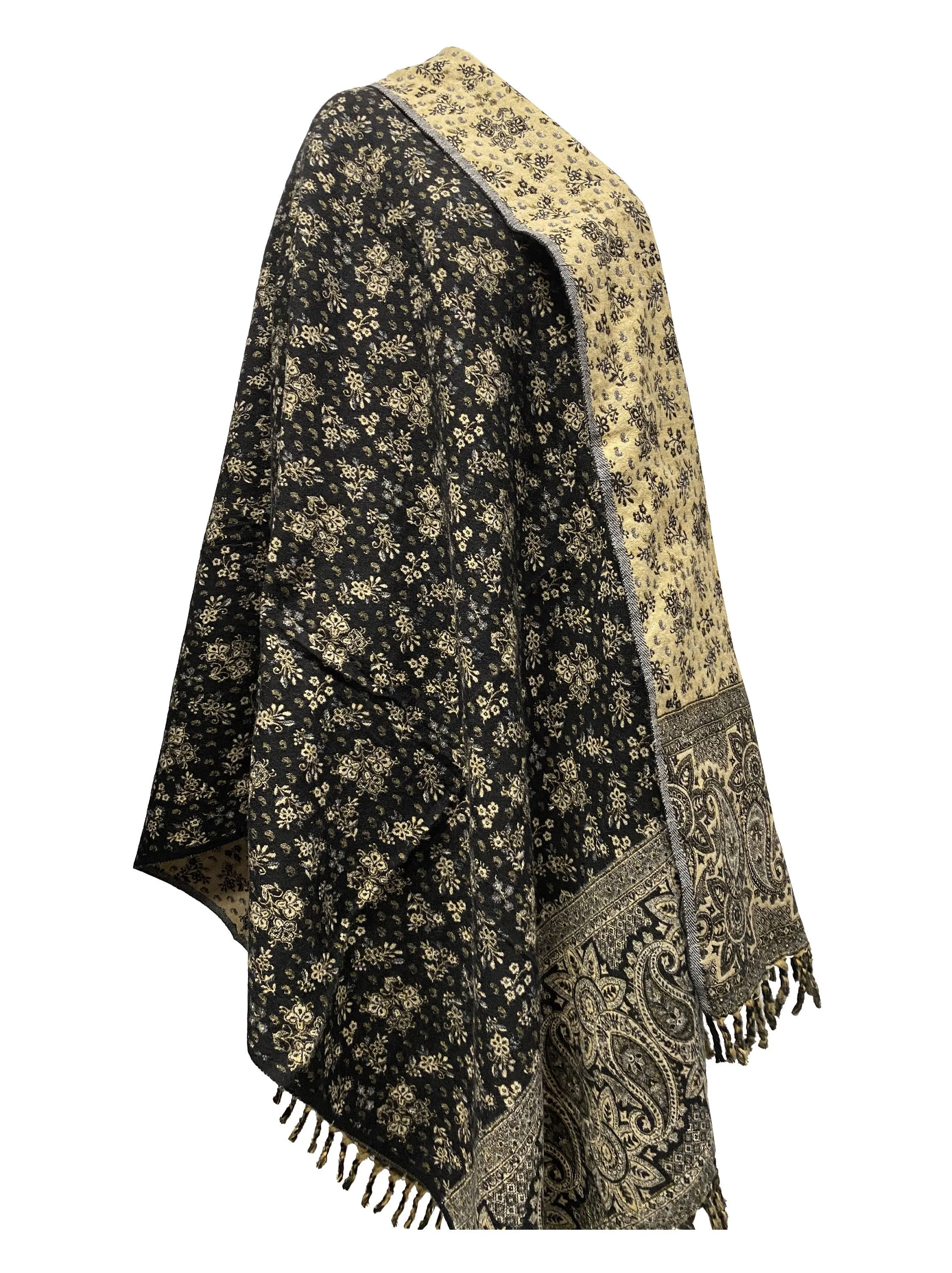 NEW Black Beige Floral Scarf LUXURY HANDMADE Yak Wool yoga blanket stole unisex Travel Wrap Meditation Soft Shawl special Gift for her