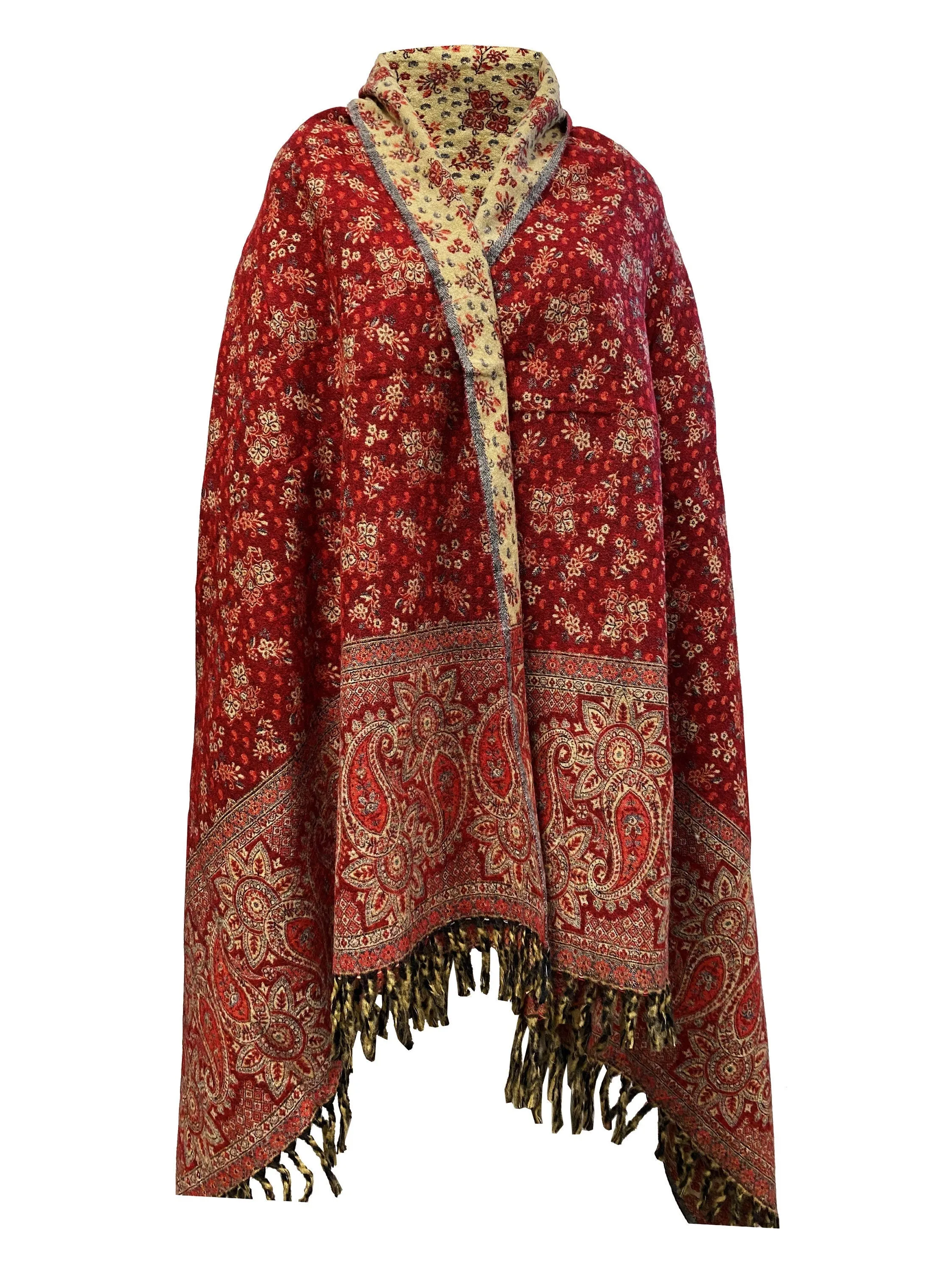 NEW LUXURY HANDMADE Red Beige Floral Scarf Yak Wool comfortable scarf Blanket stole unisex Travel Wrap Meditation Soft Shawl special Gift