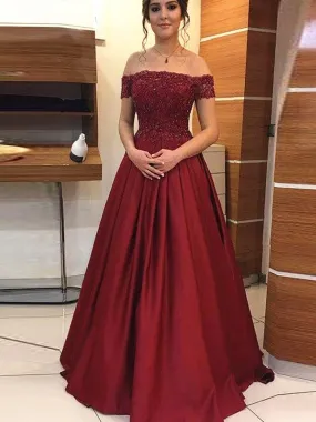 Off Shoulder Beaded Lace Burgundy Long Prom, Off the Shoulder Burgundy Formal, Burgundy Lace Evening