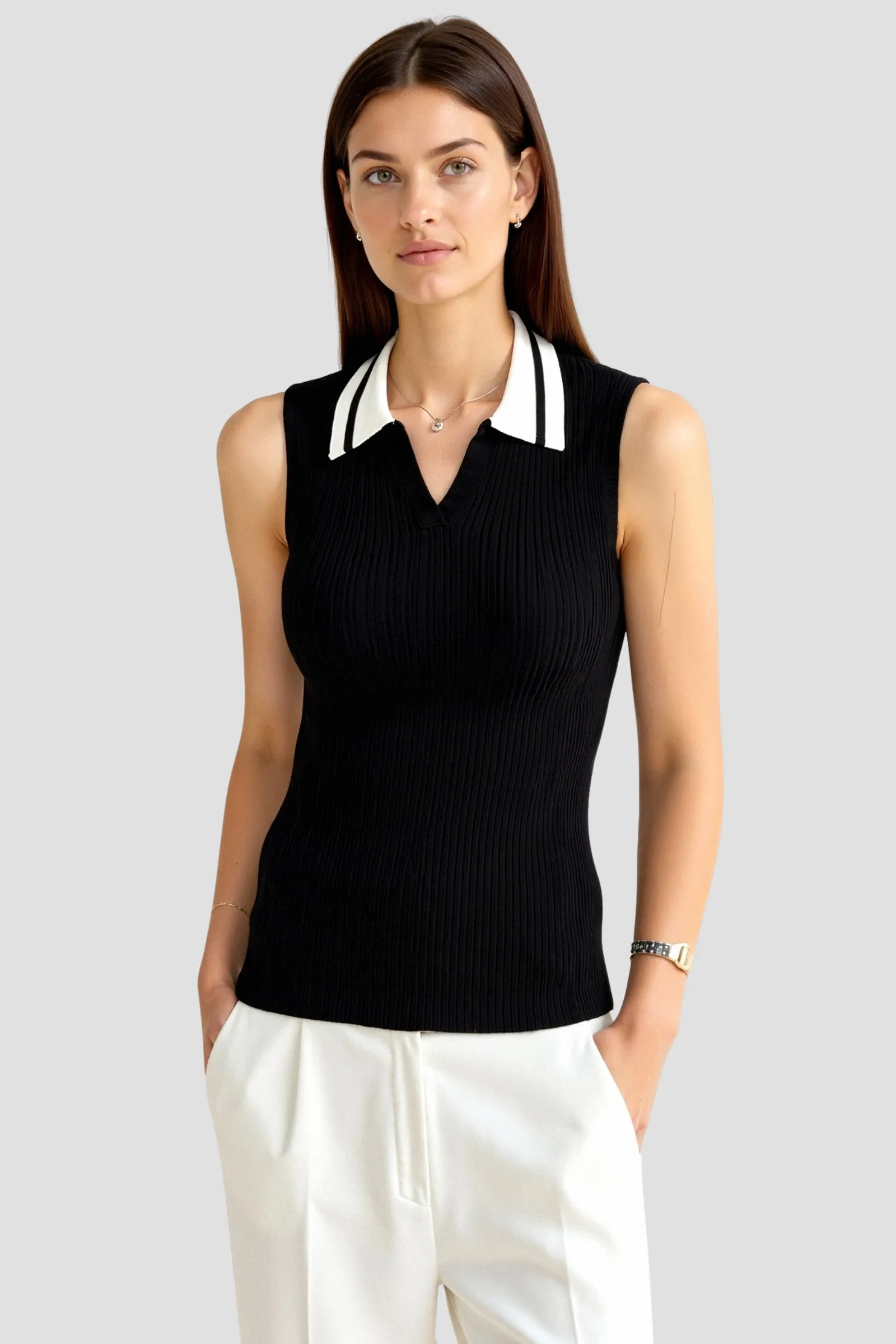 Old Money Sleeveless Knitted Color Block Collared Sweater Vest