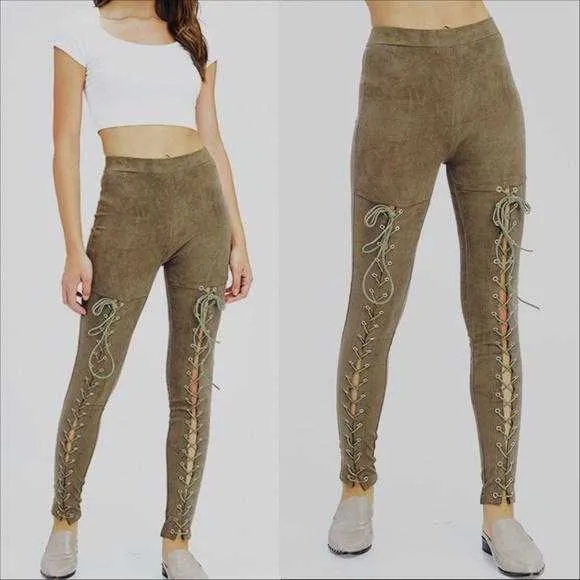 Olive Lace Up Suede Pants