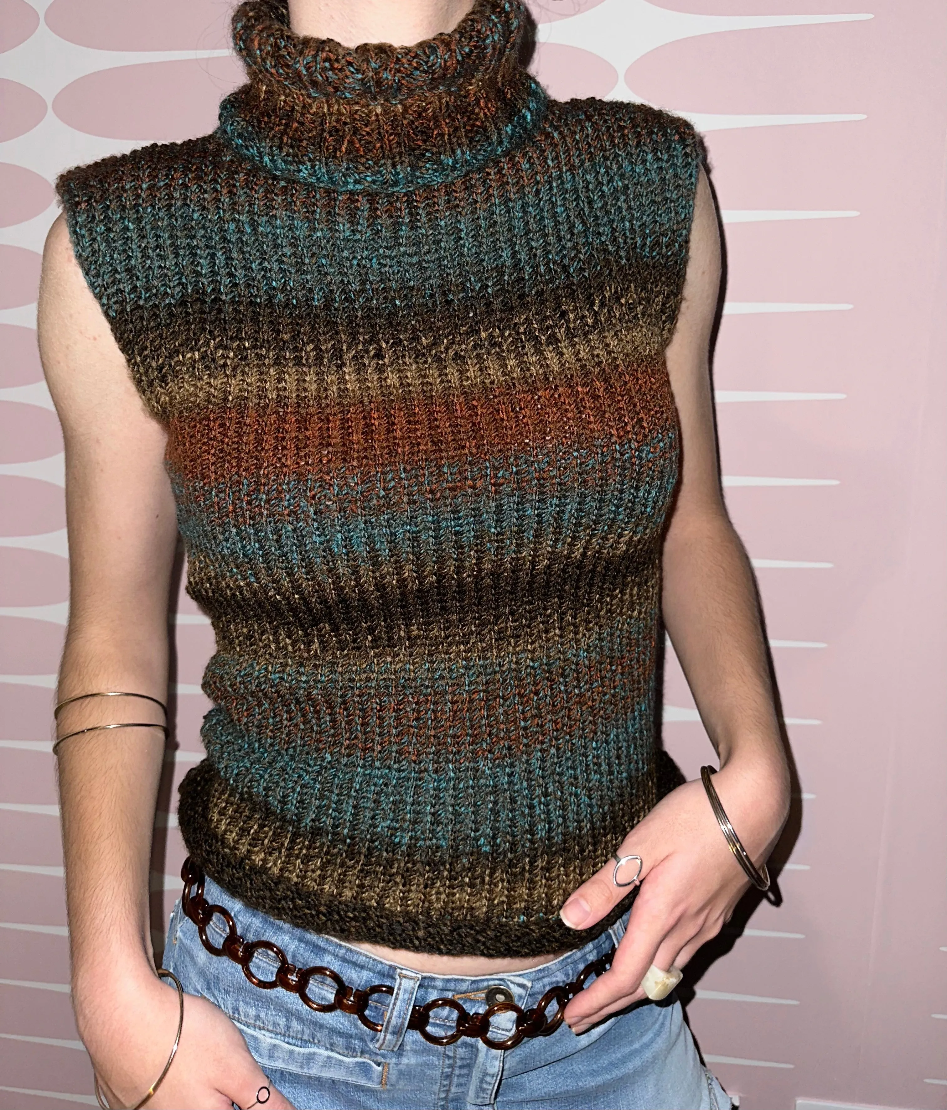 Ombré brown and blue turtleneck knit vest