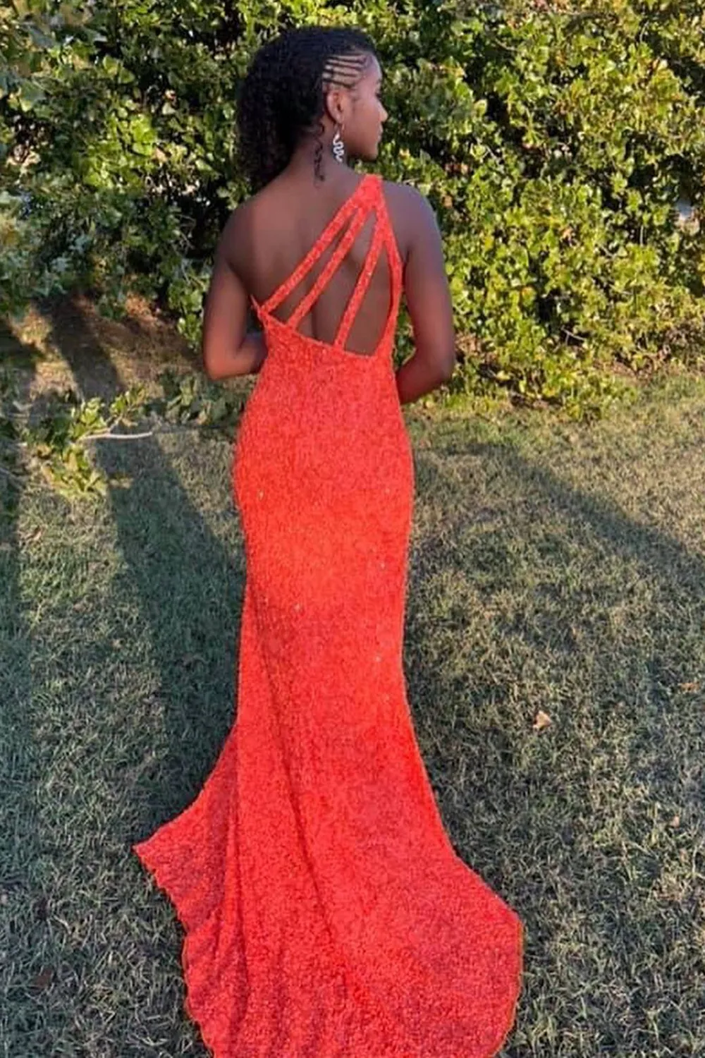 One Shoulder Open Back Mermaid Orange Sequins Long Prom Dress, One Shoulder Orange Formal Dress, Mermaid Orange Evening Dress A1360