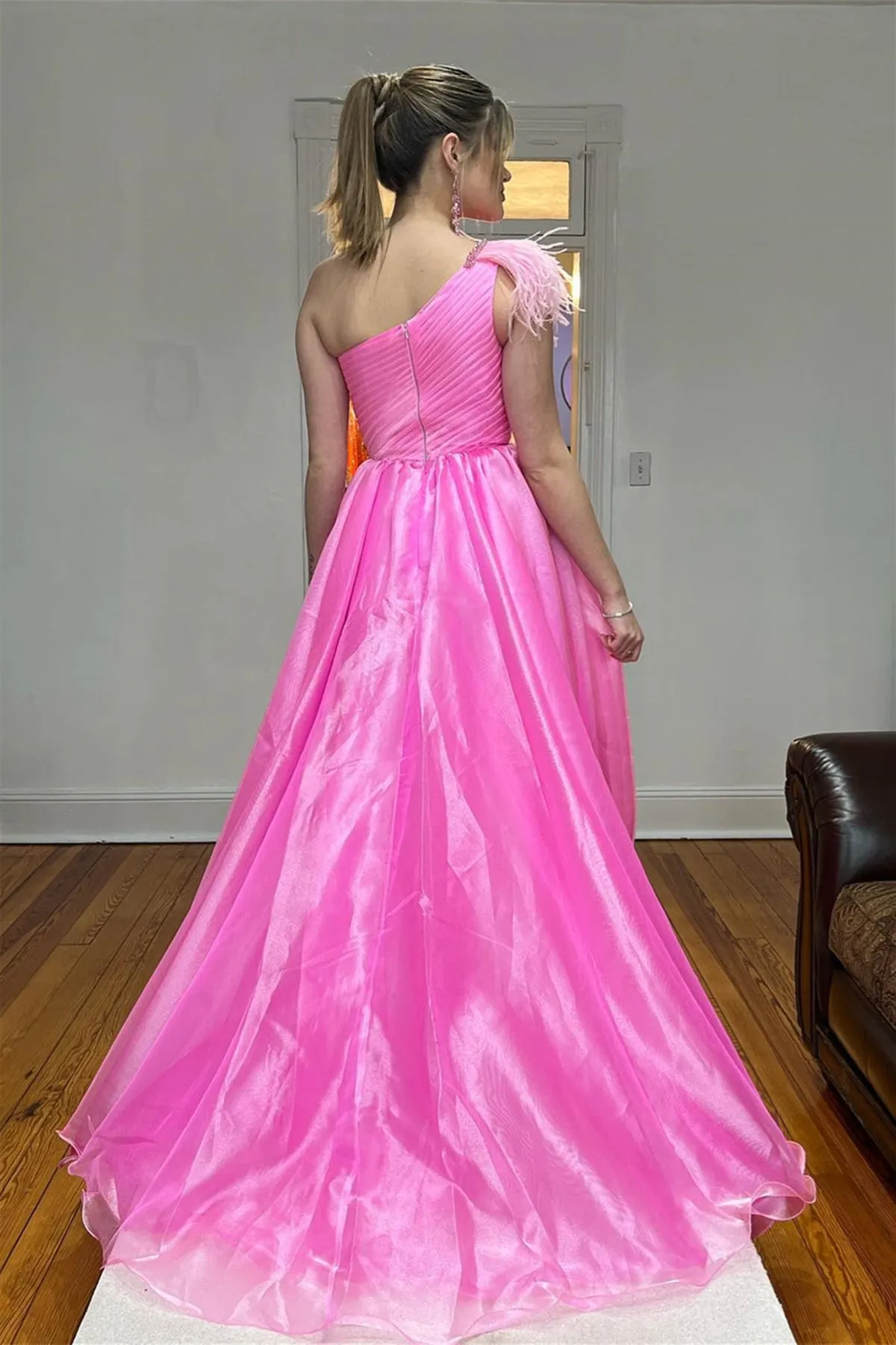 One Shoulder Pink Tulle Long Prom Dress, Pink Formal Dress, Off the Shoulder Evening Dress A1816