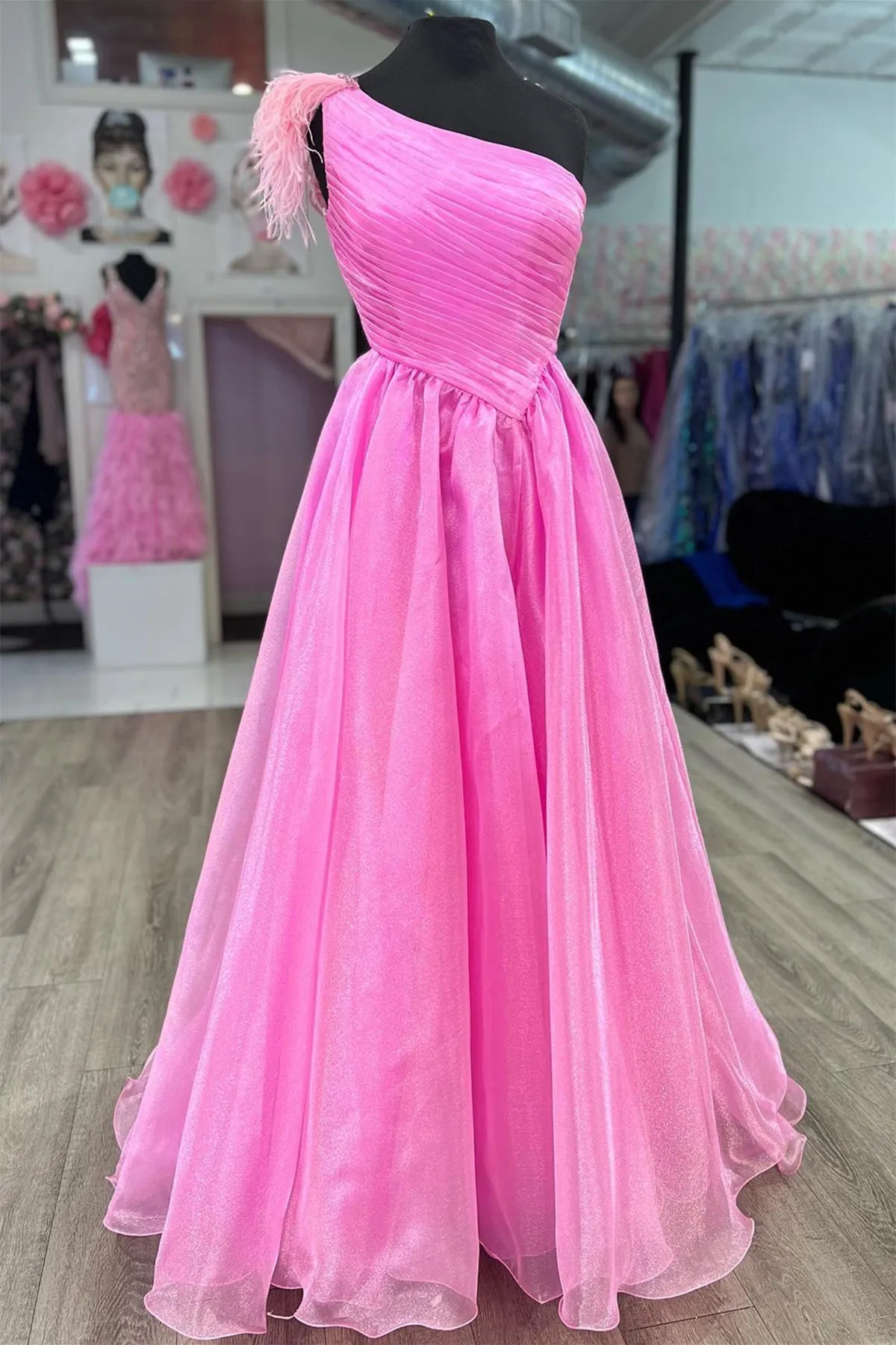 One Shoulder Pink Tulle Long Prom Dress, Pink Formal Dress, Off the Shoulder Evening Dress A1816