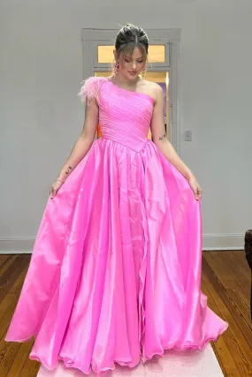 One Shoulder Pink Tulle Long Prom Dress, Pink Formal Dress, Off the Shoulder Evening Dress A1816