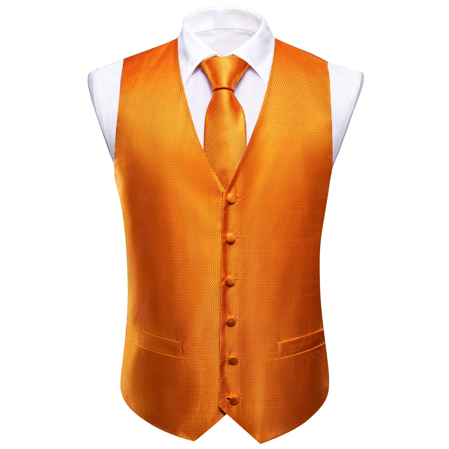 Orange Solid Herringbone Woven Formal Men's Vest Hanky Cufflinks Tie Set