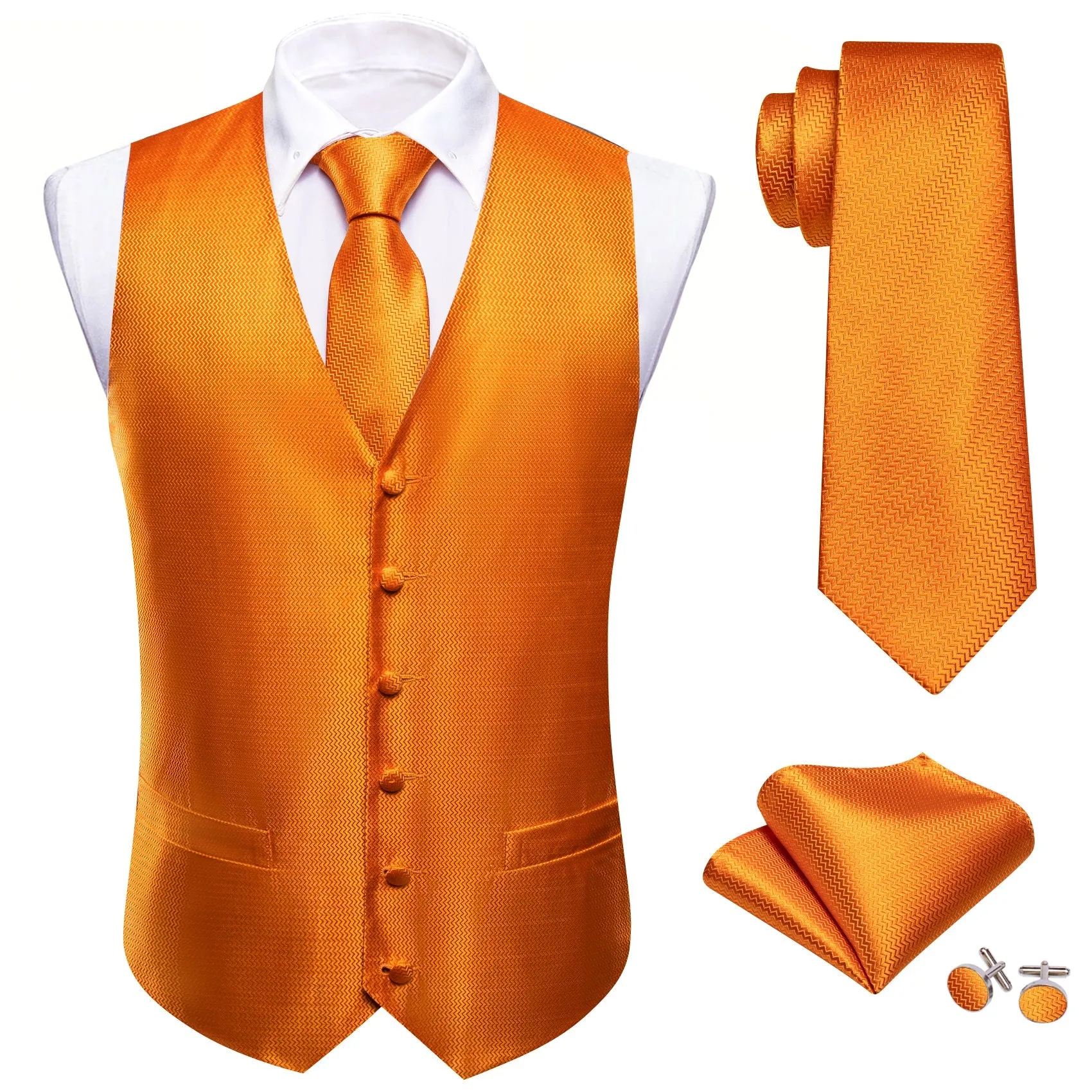 Orange Solid Herringbone Woven Formal Men's Vest Hanky Cufflinks Tie Set