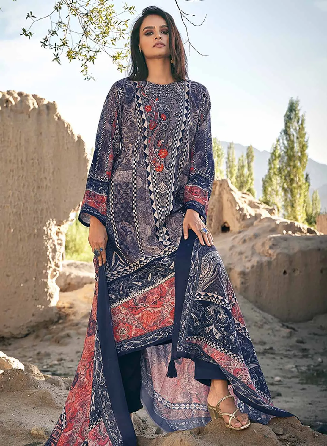 Pashmina Blue Winter Salwar Suits Dress Material for Ladies