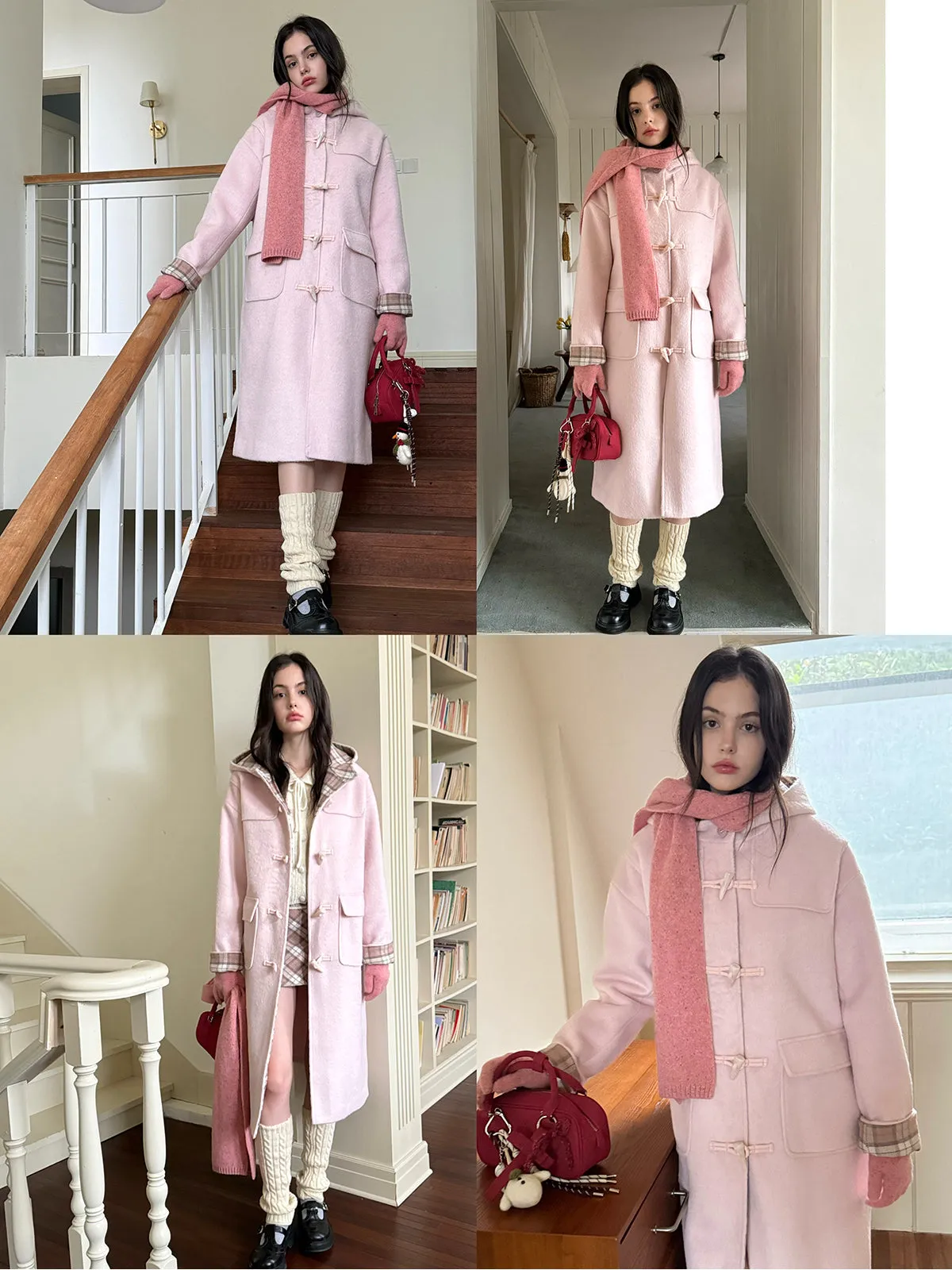 Pink & Gray Plaid Patchwork Toggle Long Coat