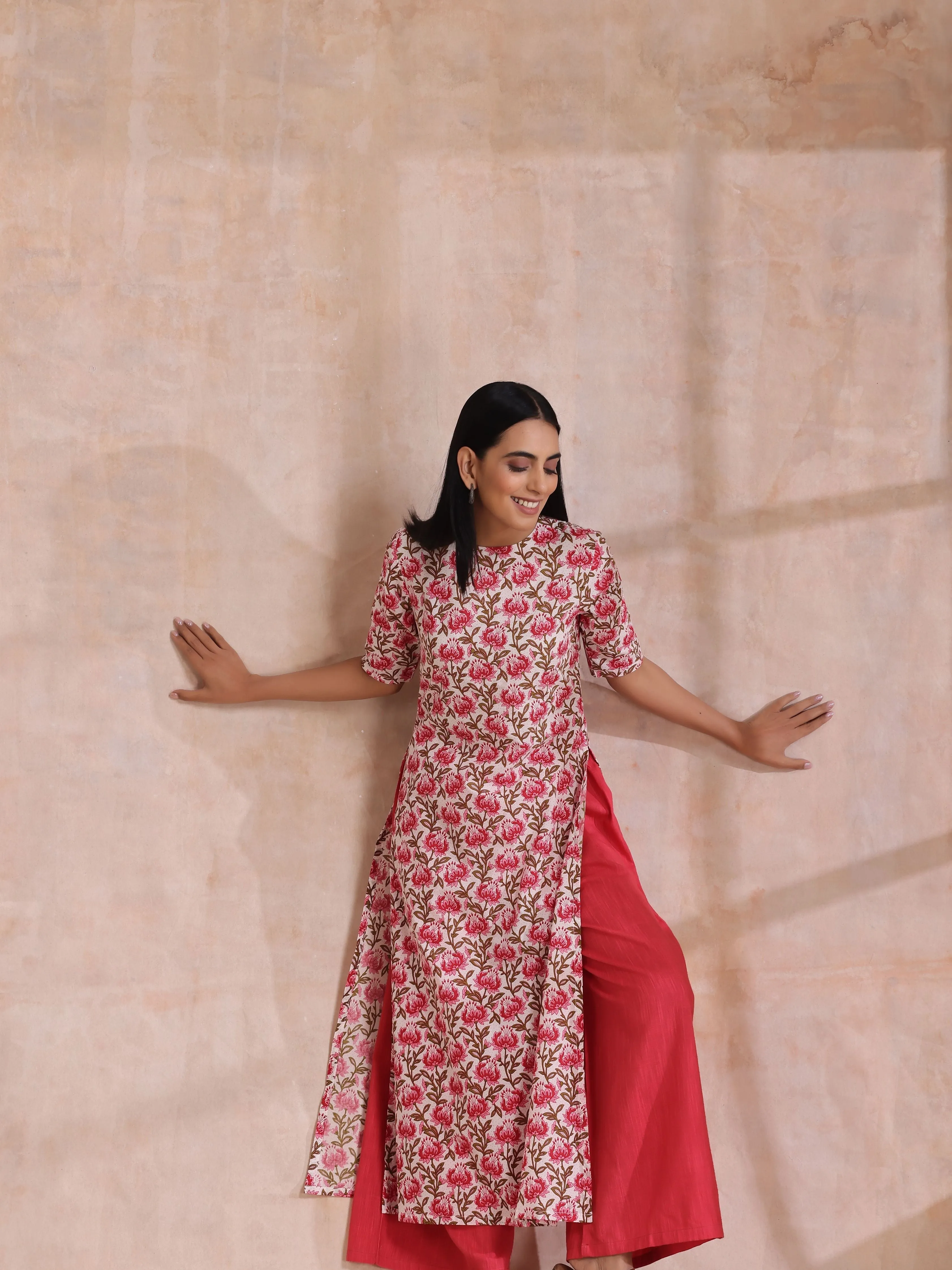 Pink Brown Overall Floral On White Block Print Cotton Slit Kurta Pant Set